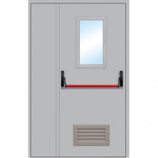 Дверь противопожарная ДПМ-1,5 О с антипаникой вент.решеткой остеклением двупольная